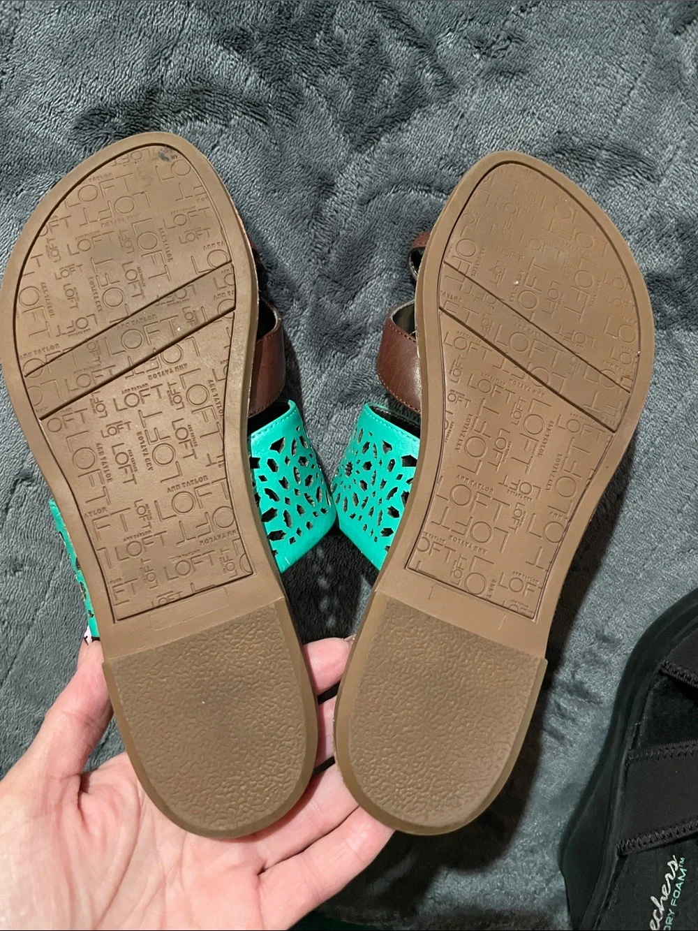 LOFT Women’s Brown & Teal Laser-Cut Slide Sandals